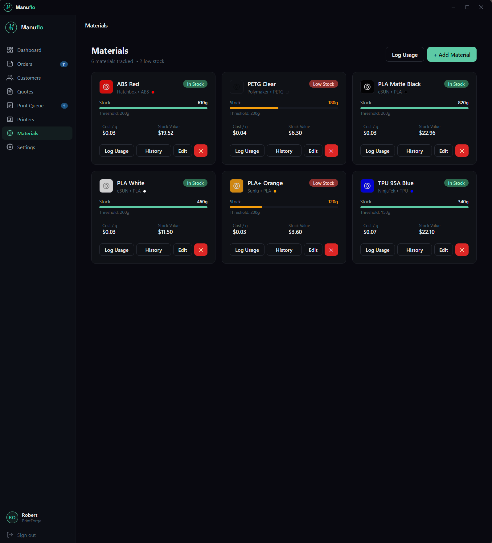 Manuflo material inventory